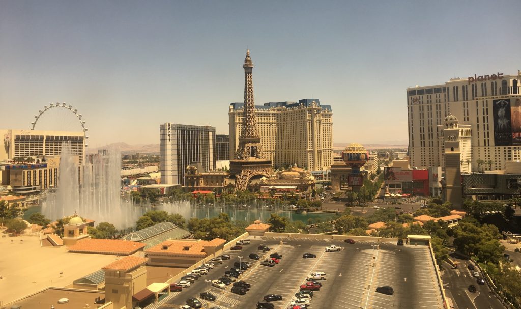 Our view of the Bellagio Hotel Fountains from my hotel room, in Las Vegas.